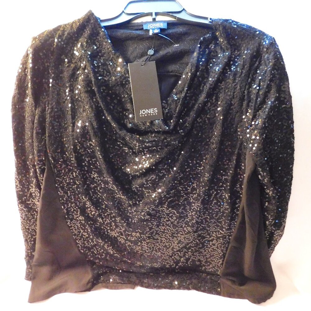 Jones New York Black Sequin Cowl Neck Long Sleeve Bouse Size Woman's Large NWT